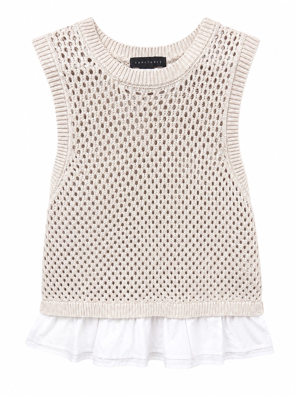 Sanctuary Cream Open-Knit Shell Top with Ruffle Hem